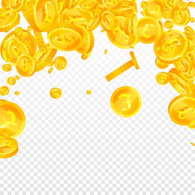 İngiliz sikkeleri düşüyor. İyi dağıtılmış GBP paraları. İngiltere parası. İlginç ikramiye, servet ya da başarı konsepti. Vektör illüstrasyonu.