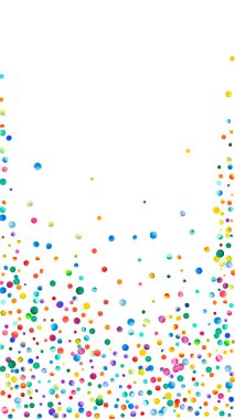 Beyaz arka planda suluboya konfeti. Canlı gökkuşağı renkli noktalar. Mutlu kutlamalar yüksek renkli parlak kart. Bunaltıcı bir el boyası konfeti.