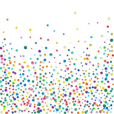 Beyaz arka planda suluboya konfeti. Takdire şayan gökkuşağı renkli noktalar. Mutlu kare renkli parlak kartlar. Elle boyanmış konfeti getiriliyor..