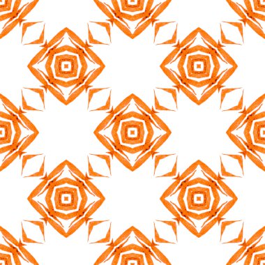 Sembol suluboya deseni. Turuncu muhteşem boho şık yaz tasarımı. Yeşil geometrik sembolün suluboya sınırı. Tekstil hazır çekici baskı, mayo kumaş, duvar kağıdı, ambalaj..