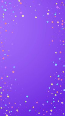 Şenlikli muhteşem konfeti. Kutlama yıldızları. Menekşe arkaplanda rastgele seçilmiş renkli yıldızlar. Şablon şablonu getiriliyor. Dikey vektör arkaplanı.