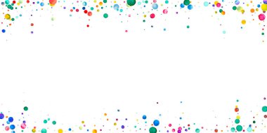 Beyaz arka planda suluboya konfeti. Sevimli gökkuşağı renkli noktalar. Rengarenk parlak kartın kutlu olsun. Güzel el boyaması konfeti..