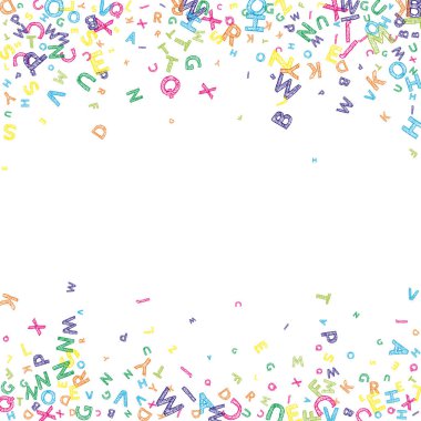 İngilizce 'nin harfleri düşüyor. Latin alfabesinin renkli, dağınık, uçan kelimeleri. Yabancı diller öğrenim kavramı. Beyaz arkaplandaki okul afişine olağanüstü dönüş.