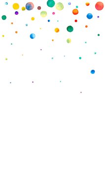 Beyaz arka planda suluboya konfeti. Çekici gökkuşağı renkli noktalar. Mutlu kutlamalar yüksek renkli parlak kart. Güzel bir el boyaması konfeti..