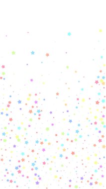 Şenlikli çarpıcı konfeti. Kutlama yıldızları. Beyaz arka planda rastgele seçilmiş renkli yıldızlar. Muhteşem şablon şablonu. Dikey vektör arkaplanı.