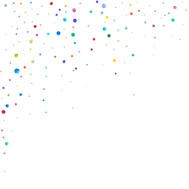 Beyaz arka planda suluboya konfeti. Gerçek gökkuşağı renkli noktalar. Mutlu kare renkli parlak kartlar. Lezzetli el boyaması konfeti.