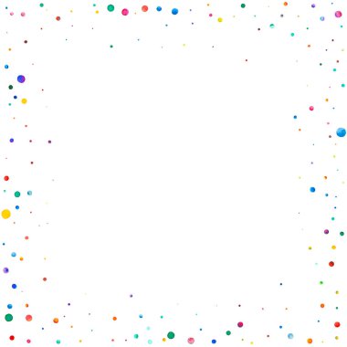 Beyaz arka planda suluboya konfeti. Takdire şayan gökkuşağı renkli noktalar. Mutlu kare renkli parlak kartlar. Sulu elle boyanmış konfeti..