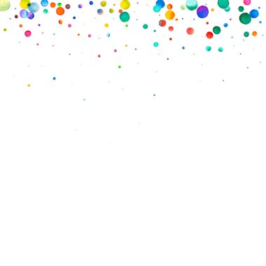 Beyaz arka planda suluboya konfeti. Takdire şayan gökkuşağı renkli noktalar. Mutlu kare renkli parlak kartlar. Değerli elle boyanmış konfeti..