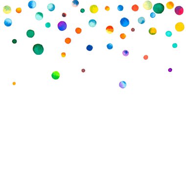 Beyaz arka planda suluboya konfeti. Takdire şayan gökkuşağı renkli noktalar. Mutlu kare renkli parlak kartlar. Yaratıcı el boyaması konfeti.