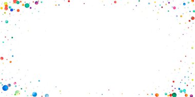 Beyaz arka planda suluboya konfeti. Canlı gökkuşağı renkli noktalar. Rengarenk parlak kartın kutlu olsun. Büyüleyici bir el boyaması konfeti.