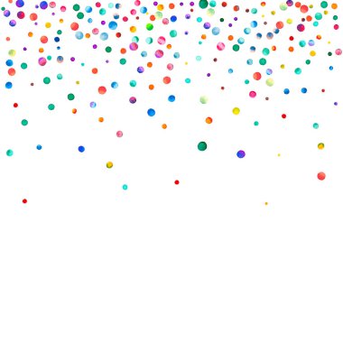 Beyaz arka planda suluboya konfeti. Takdire şayan gökkuşağı renkli noktalar. Mutlu kare renkli parlak kartlar. Değerli el boyalı konfeti.