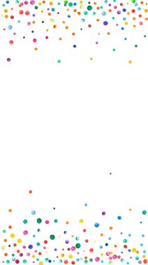 Beyaz arka planda suluboya konfeti. Canlı gökkuşağı renkli noktalar. Mutlu kutlamalar yüksek renkli parlak kart. Güzel bir el boyaması konfeti..