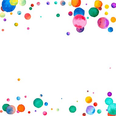 Beyaz arka planda suluboya konfeti. Gerçek gökkuşağı renkli noktalar. Mutlu kare renkli parlak kartlar. Şık el boyalı konfeti..