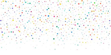 Beyaz arka planda suluboya konfeti. Canlı gökkuşağı renkli noktalar. Rengarenk parlak kartın kutlu olsun. Klasik el boyaması konfeti..