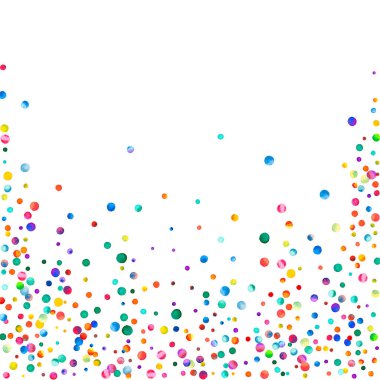 Beyaz arka planda suluboya konfeti. Gerçek gökkuşağı renkli noktalar. Mutlu kare renkli parlak kartlar. Nadir bulunan elle boyanmış konfeti..