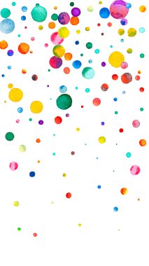 Beyaz arka planda suluboya konfeti. Çekici gökkuşağı renkli noktalar. Mutlu kutlamalar yüksek renkli parlak kart. Büyüleyici bir el boyaması konfeti.