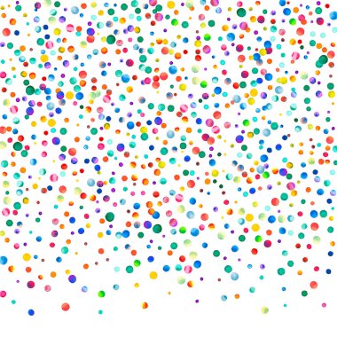 Beyaz arka planda suluboya konfeti. Takdire şayan gökkuşağı renkli noktalar. Mutlu kare renkli parlak kartlar. Kıymetli el boyalı konfeti..