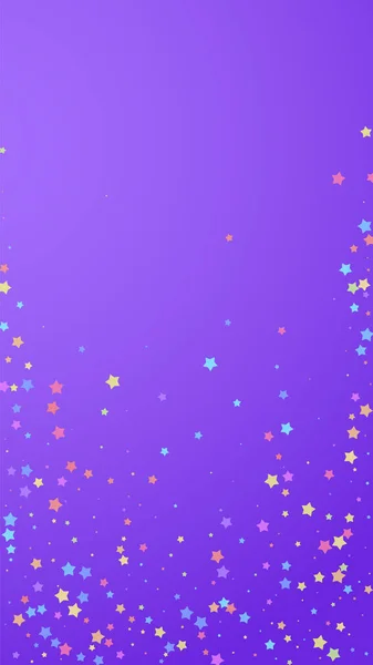 お祝いの形のコンフェッティ お祝いの星 紫色の背景にランダムなカラフルな星 華やかなお祝いオーバーレイテンプレート 垂直ベクトル背景 — ストックベクタ