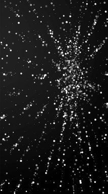 Yılbaşı arka planında rastgele beyaz noktalar. İnce uçan kar taneleri ve siyah arka plandaki yıldızlar. Tatlı kış gümüşü kar tanesi şablonu örtüyor. Güçlü dikey illüstrasyon.