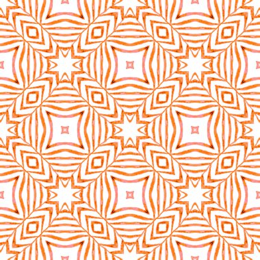 Sembol suluboya deseni. Turuncu göz kamaştırıcı boho şık yaz tasarımı. Tekstil hazır zarif baskı, mayo kumaş, duvar kağıdı, ambalaj. Yeşil geometrik sembolü suluboya kenarı.