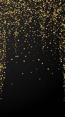 Şenlikli sulu konfeti. Kutlama yıldızları. Siyah arka planda altın konfeti. Büyüleyici şablon şablonu. Dikey vektör arkaplanı.