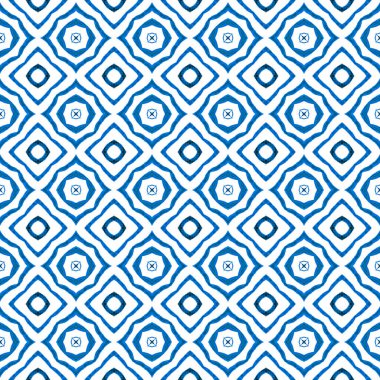 Suluboya yaz etnik sınır düzeni. Mavi muhteşem boho şık yaz tasarımı. Tekstil hazır kaliteli baskı, mayo kumaş, duvar kağıdı, ambalaj. Etnik el boyası desen.