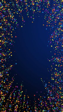 Şenlikli sosyetik konfeti. Kutlama yıldızları. Koyu mavi arka planda gökkuşağı konfetisi. Şablon şablonu getiriliyor. Dikey vektör arkaplanı.