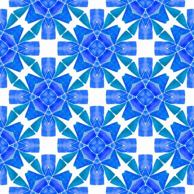 Tekstil hazır iyi görünümlü baskı, mayo kumaş, duvar kağıdı, ambalaj. Mavi fantastik boho şık yaz tasarımı. Mozaik kusursuz desen. El çizimi yeşil mozaik pürüzsüz sınır.
