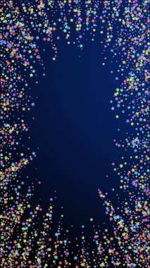 Sevimli bir konfeti. Kutlama yıldızları. Koyu mavi arka planda yoğun renkli yıldızlar. Şablon şablonu getiriliyor. Dikey vektör arkaplanı.