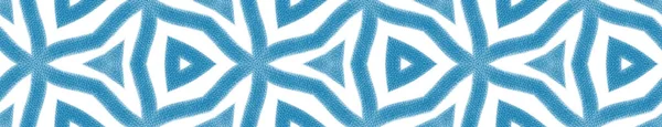 Ikat重复无缝边界 蓝色对称万花筒背景 夏令短衫图案 背景设计的鲜活装饰元素 — 图库照片