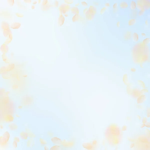 黄色的橙花花瓣掉了下来 令人难以置信的浪漫花朵框架 蓝天正方形背景上飘扬的花瓣 浪漫的概念 奇怪的婚宴邀请函 — 图库矢量图片