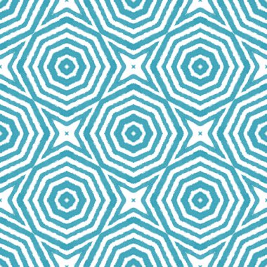 Etnik elle boyanmış desen. Turkuaz simetrik kaleydoskop arka planı. Tekstil hazır zarif baskı, mayo kumaş, duvar kağıdı, ambalaj. Yazlık elbise, elle boyanmış fayans..