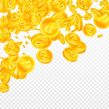 Rus rublesi düşüyor. Lezzetli dağınık ovalama paraları. Rusya parası. Büyük ikramiye, servet ya da başarı konsepti. Vektör illüstrasyonu.