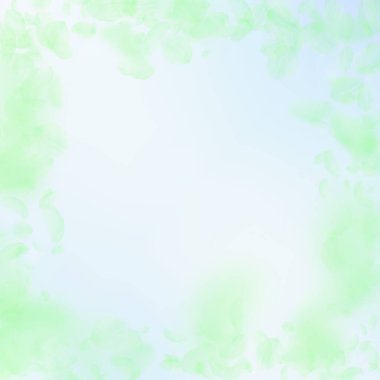 Yeşil çiçek yaprakları dökülüyor. Duygusal romantik çiçek çerçevesi. Mavi gökyüzü kare arka planında uçan taç yaprakları. Aşk, romantizm kavramı. Tuhaf bir düğün davetiyesi..