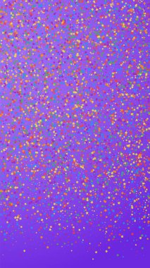 Şenlikli büyüleyici konfeti. Kutlama yıldızları. Mor arka planda çocuksu parlak yıldızlar. Büyük şablon şablonu. Dikey vektör arkaplanı.