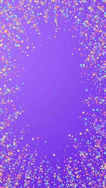 Festliches Konfetti Feierstars Bunte Sterne Dicht Auf Violettem Hintergrund Faszinierende — Stockvektor