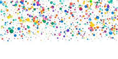 Beyaz arka planda suluboya konfeti. Canlı gökkuşağı renkli noktalar. Rengarenk parlak kartın kutlu olsun. Göz kamaştırıcı el boyaması konfeti.