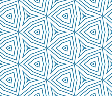 Çizgili el çizimi desen. Mavi simetrik kaleydoskop. Tekstil hazır otantik baskı, mayo kumaş, duvar kağıdı, ambalaj. Çizgili elle çizilmiş fayans tekrarlanıyor.