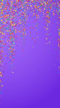 Şenlikli narin konfeti. Kutlama yıldızları. Menekşe arka planda neşeli bir konfeti. Büyüleyici şablon şablonu. Dikey vektör arkaplanı.