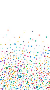 Beyaz arka planda suluboya konfeti. Çekici gökkuşağı renkli noktalar. Mutlu kutlamalar yüksek renkli parlak kart. İlahi el boyaması konfeti.