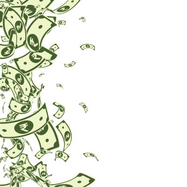 Hindistan rupisi düşüyor. Beyaz arka planda dağınık INR faturaları. Hindistan parası. Büyüleyici vektör çizimi. Biçimli ikramiye, servet veya başarı konsepti.