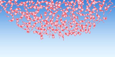 İngiliz sterlini düşüyor. Mavi gökyüzü arka planında seyrek GBP faturaları. İngiltere parası. Güzel vektör çizimi. Büyüleyici ikramiye, servet ya da başarı konsepti.