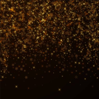 Güzel, yıldızlı, karlı Noel örtüsü. Noel ışıkları, bokeh, kar taneleri, gece arkaplanda yıldızlar. Lüks, gerçek, ışıl ışıl bir şablon. Eğilim vektör illüstrasyonu.