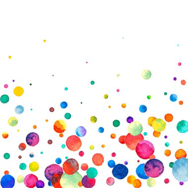 Beyaz arka planda suluboya konfeti. Takdire şayan gökkuşağı renkli noktalar. Mutlu kare renkli parlak kartlar. Büyüleyici bir el boyaması konfeti.