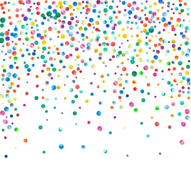 Beyaz arka planda suluboya konfeti. Takdire şayan gökkuşağı renkli noktalar. Mutlu kare renkli parlak kartlar. Dramatik el boyaması konfeti..