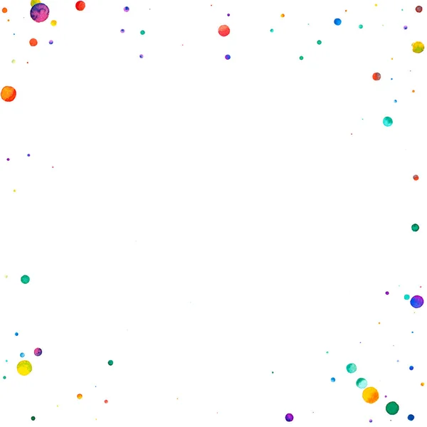 白い背景に水彩のコンフェッティ 虹色のドットが目を引く ハッピーお祝い広場カラフルな明るいカード 理想的な手描きのコンフェッティ — ストック写真