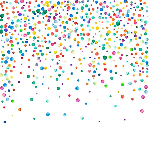Beyaz arka planda suluboya konfeti. Takdire şayan gökkuşağı renkli noktalar. Mutlu kare renkli parlak kartlar. Dramatik el boyaması konfeti..