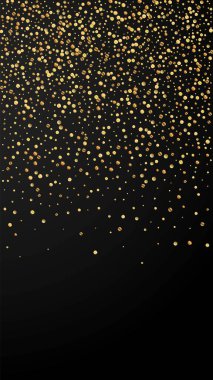 Harika bir şenlik konfetisi. Kutlama yıldızları. Siyah arka planda altın konfeti. Büyük şablon şablonu. Dikey vektör arkaplanı.