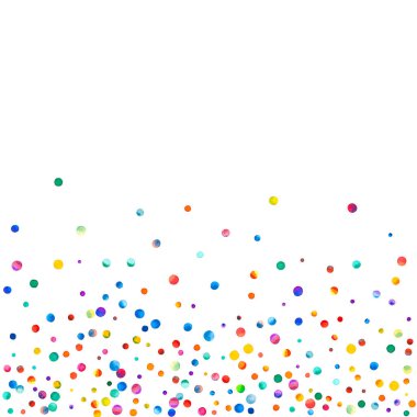 Beyaz arka planda suluboya konfeti. Takdire şayan gökkuşağı renkli noktalar. Mutlu kare renkli parlak kartlar. Duygusal el boyaması konfeti.