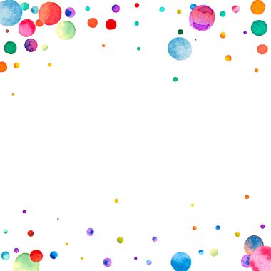 Beyaz arka planda suluboya konfeti. Gerçek gökkuşağı renkli noktalar. Mutlu kare renkli parlak kartlar. Güzel el boyalı konfeti..